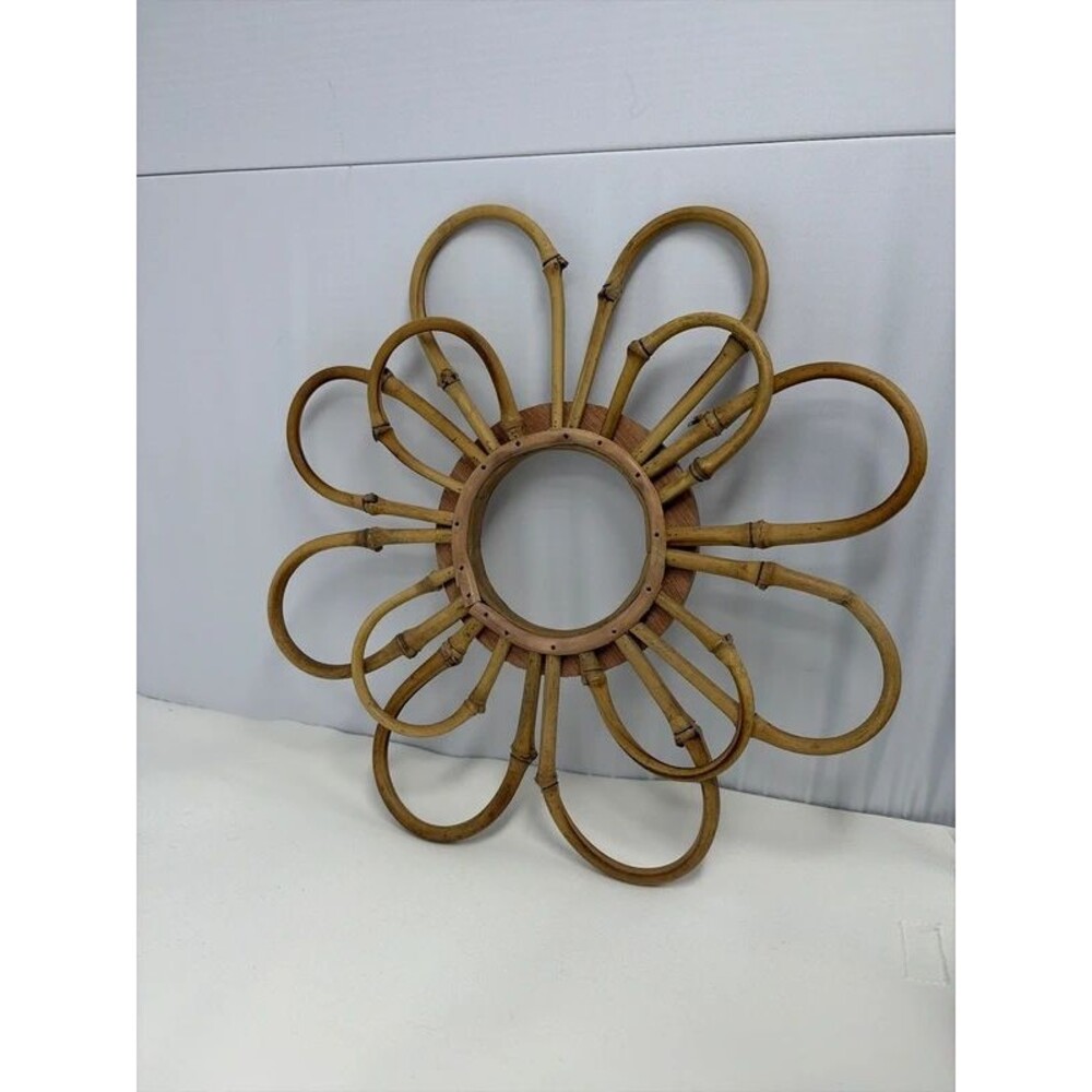 Vintage MCM 12” Bamboo Rattan Flower Wall Mirror Boho Sunburst Decorative 12”